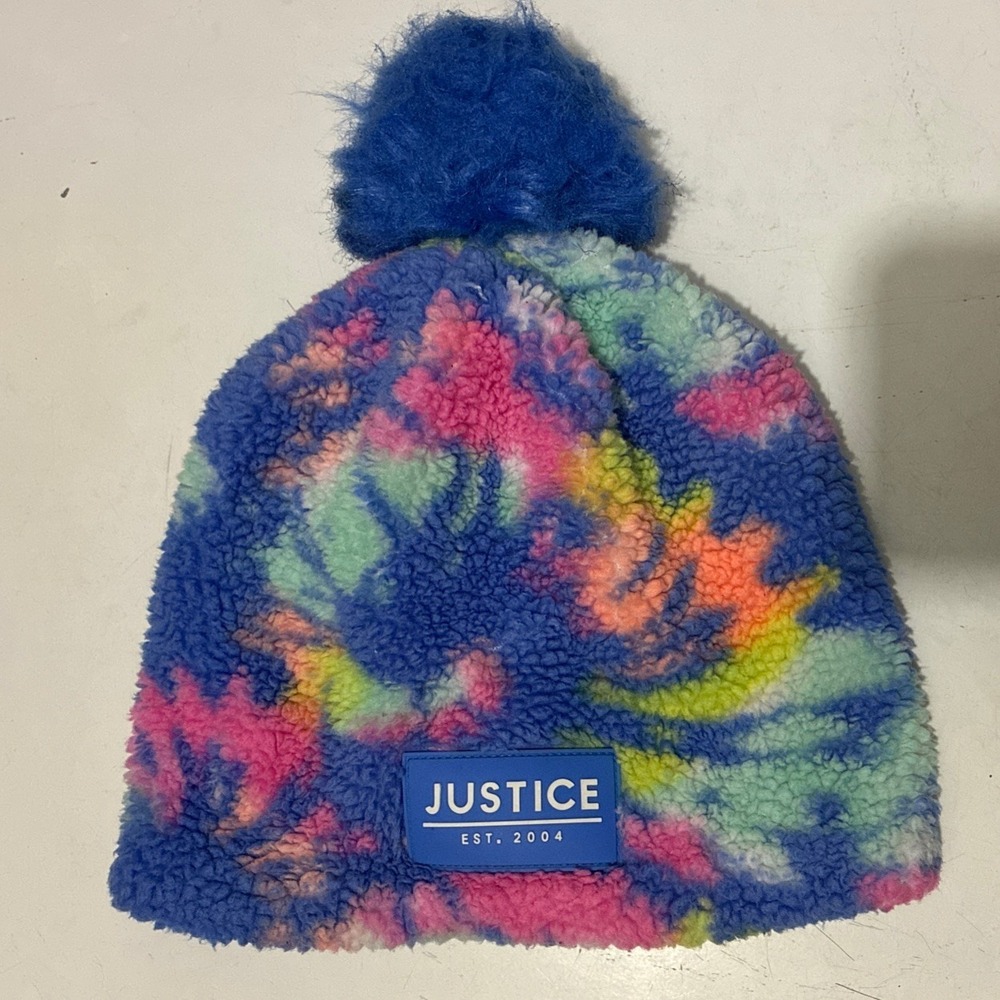 Justice Girls Tie Dye Fun Fleece Beanie Hat Blue Multicolor Pom-Pom One Size